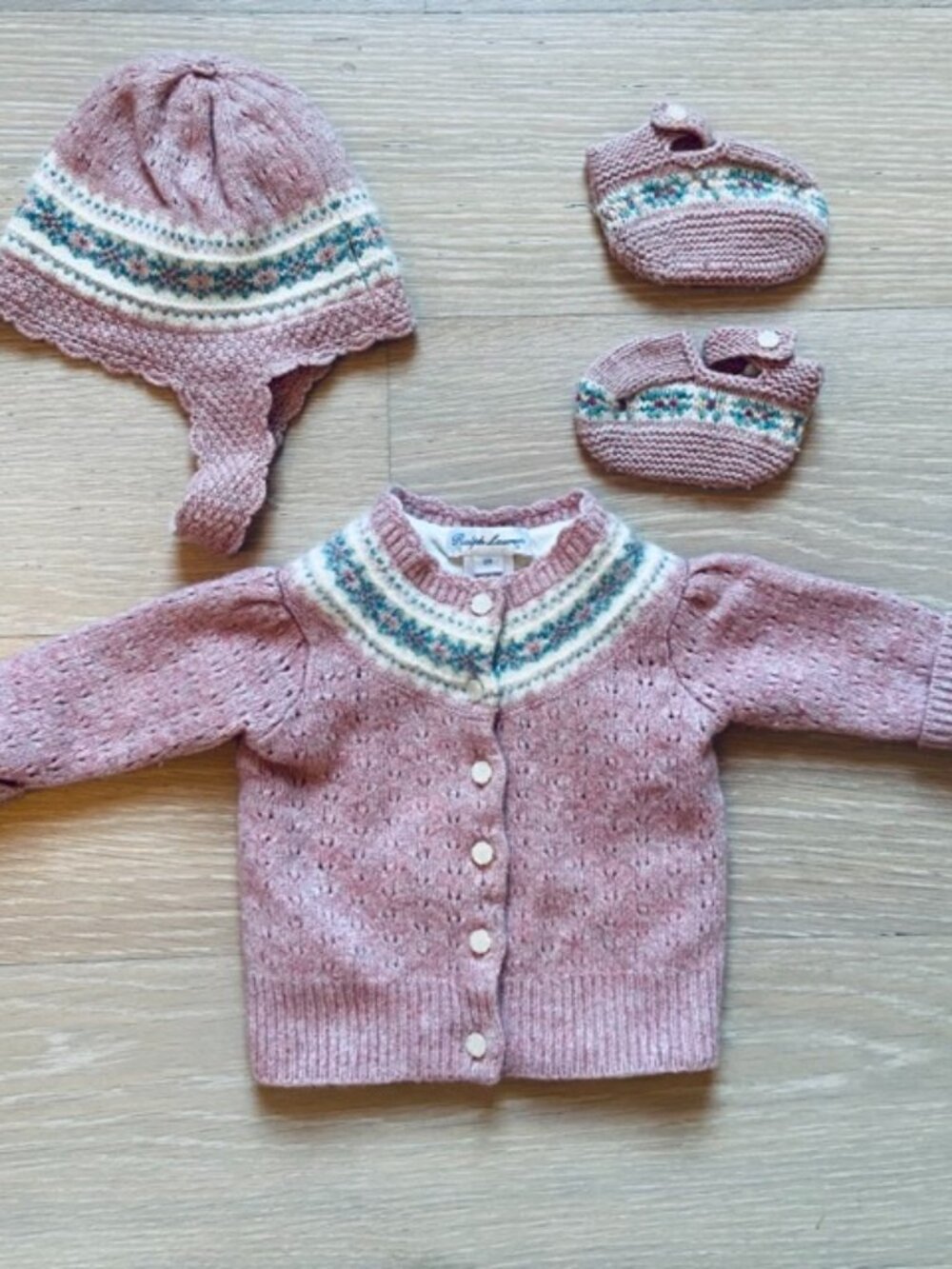 Ralph Lauren Baby 6 months Pink cardigan/ bonnet and shoes set